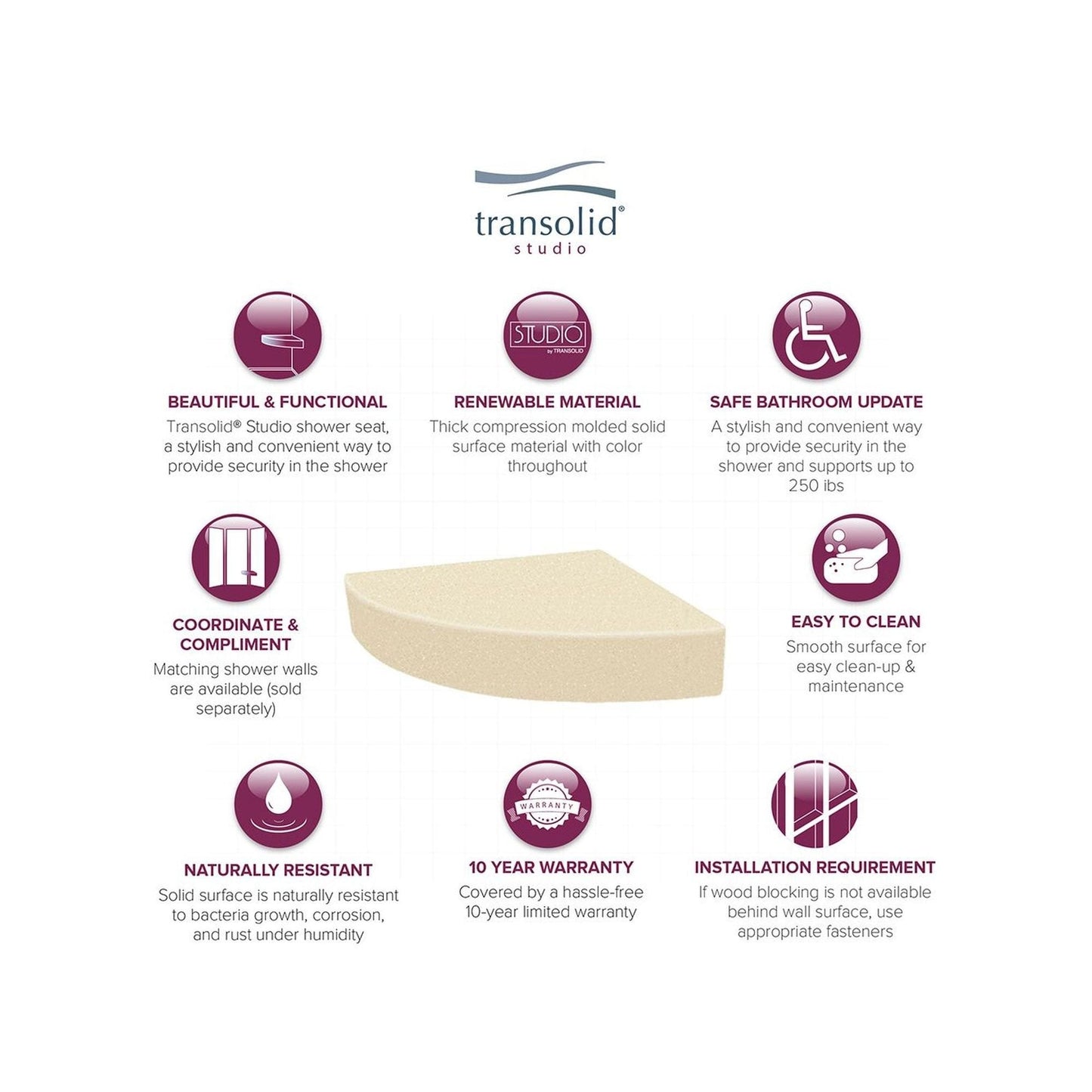 Transolid Studio, siège de douche d'angle mural en surface solide, 14 po x 14 po - 14,5 x 14,25 x 3