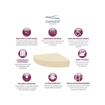 Transolid Studio, siège de douche d'angle mural en surface solide, 14 po x 14 po - 14,5 x 14,25 x 3