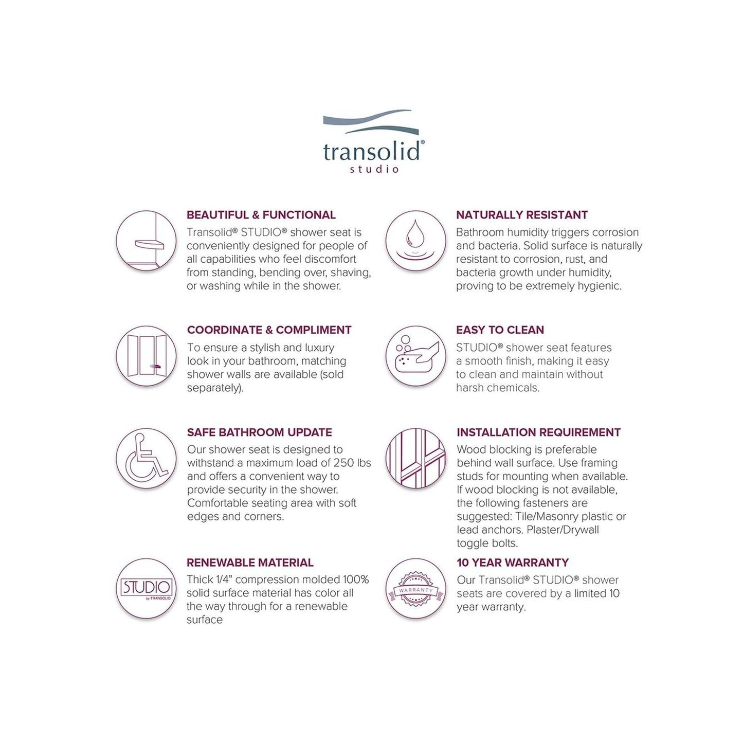 Transolid Studio, siège de douche d'angle mural en surface solide, 14 po x 14 po - 14,5 x 14,25 x 3