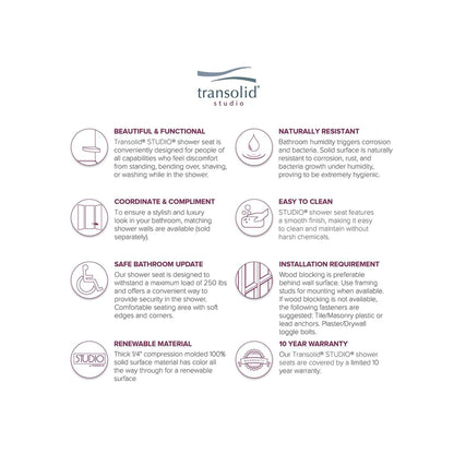 Transolid Studio, siège de douche d'angle mural en surface solide, 14 po x 14 po - 14,5 x 14,25 x 3