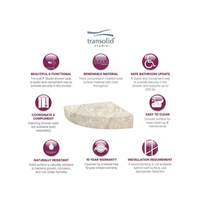 Transolid Studio, siège de douche d'angle mural en surface solide, 14 po x 14 po - 14,5 x 14,25 x 3