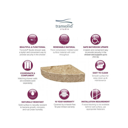 Transolid Studio, siège de douche d'angle mural en surface solide, 14 po x 14 po - 14,5 x 14,25 x 3