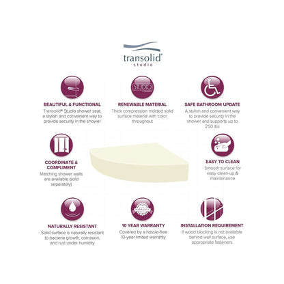 Transolid Studio, siège de douche d'angle mural en surface solide, 14 po x 14 po - 14,5 x 14,25 x 3