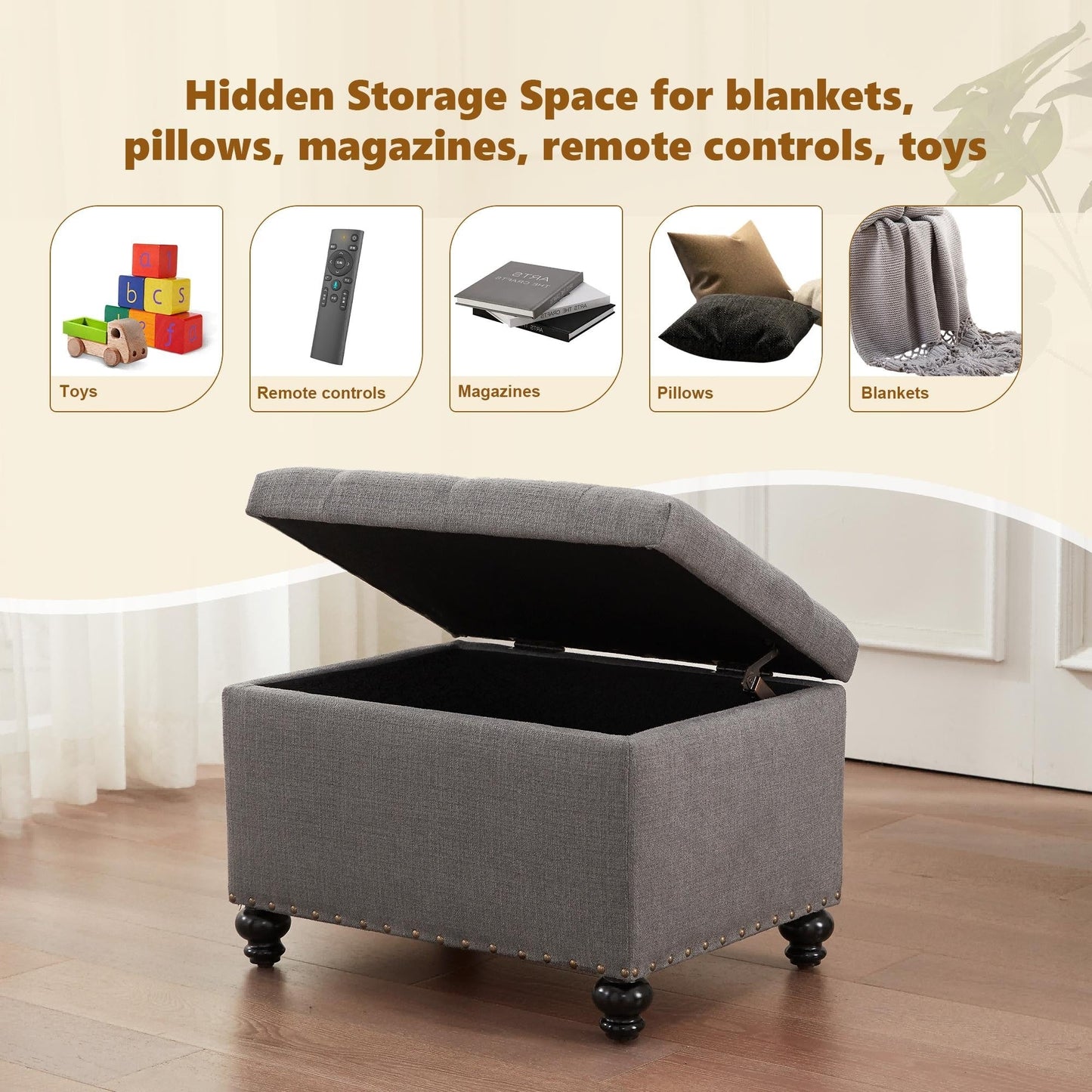 Tufted Storage Ottoman Bench, Rectangular Footstool