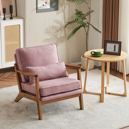 Fauteuil d'appoint en lin mélangé avec pieds en bois et un coussin beige.
