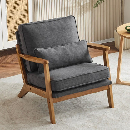Fauteuil d'appoint en lin mélangé avec pieds en bois et un coussin beige.