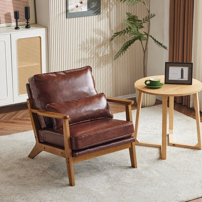 Fauteuil d'appoint en lin mélangé avec pieds en bois et un coussin beige.