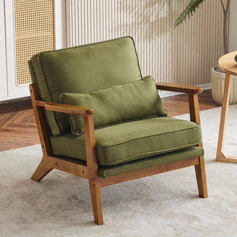 Fauteuil d'appoint en lin mélangé avec pieds en bois et un coussin beige.