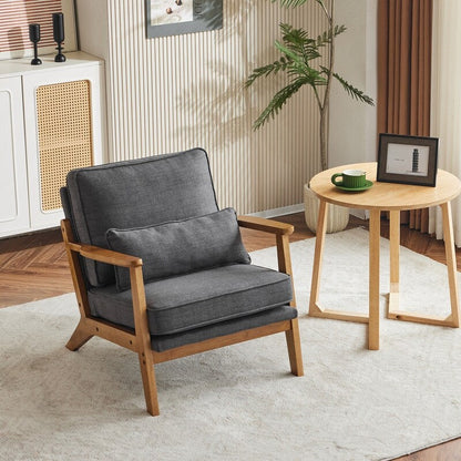 Fauteuil d'appoint en lin mélangé avec pieds en bois et un coussin beige.