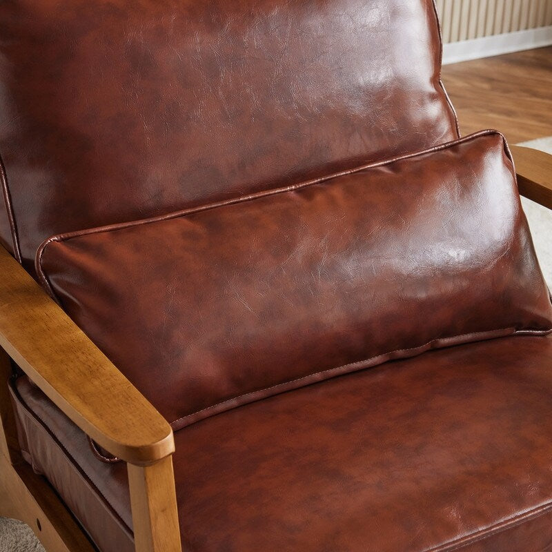 Fauteuil d'appoint en lin mélangé avec pieds en bois et un coussin beige.