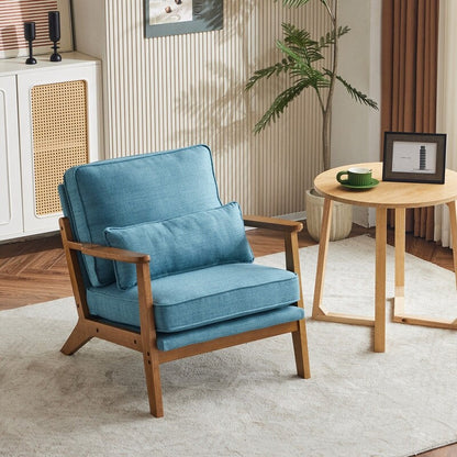 Fauteuil d'appoint en lin mélangé avec pieds en bois et un coussin beige.