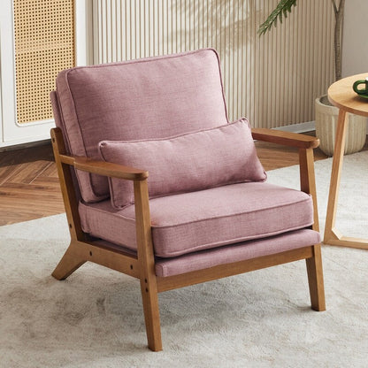 Fauteuil d'appoint en lin mélangé avec pieds en bois et un coussin beige.