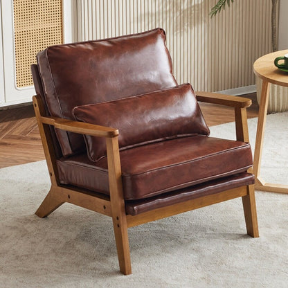 Fauteuil d'appoint en lin mélangé avec pieds en bois et un coussin beige.