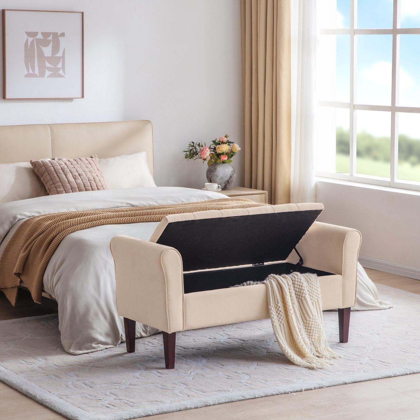 Banc de rangement capitonné, banc avec accoudoirs, banc d'entrée avec couvercle à rabat, 50,4 pouces.