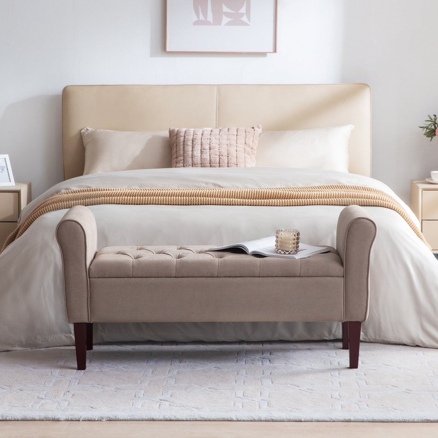 Banc de rangement capitonné, banc avec accoudoirs, banc d'entrée avec couvercle à rabat, 50,4 pouces.