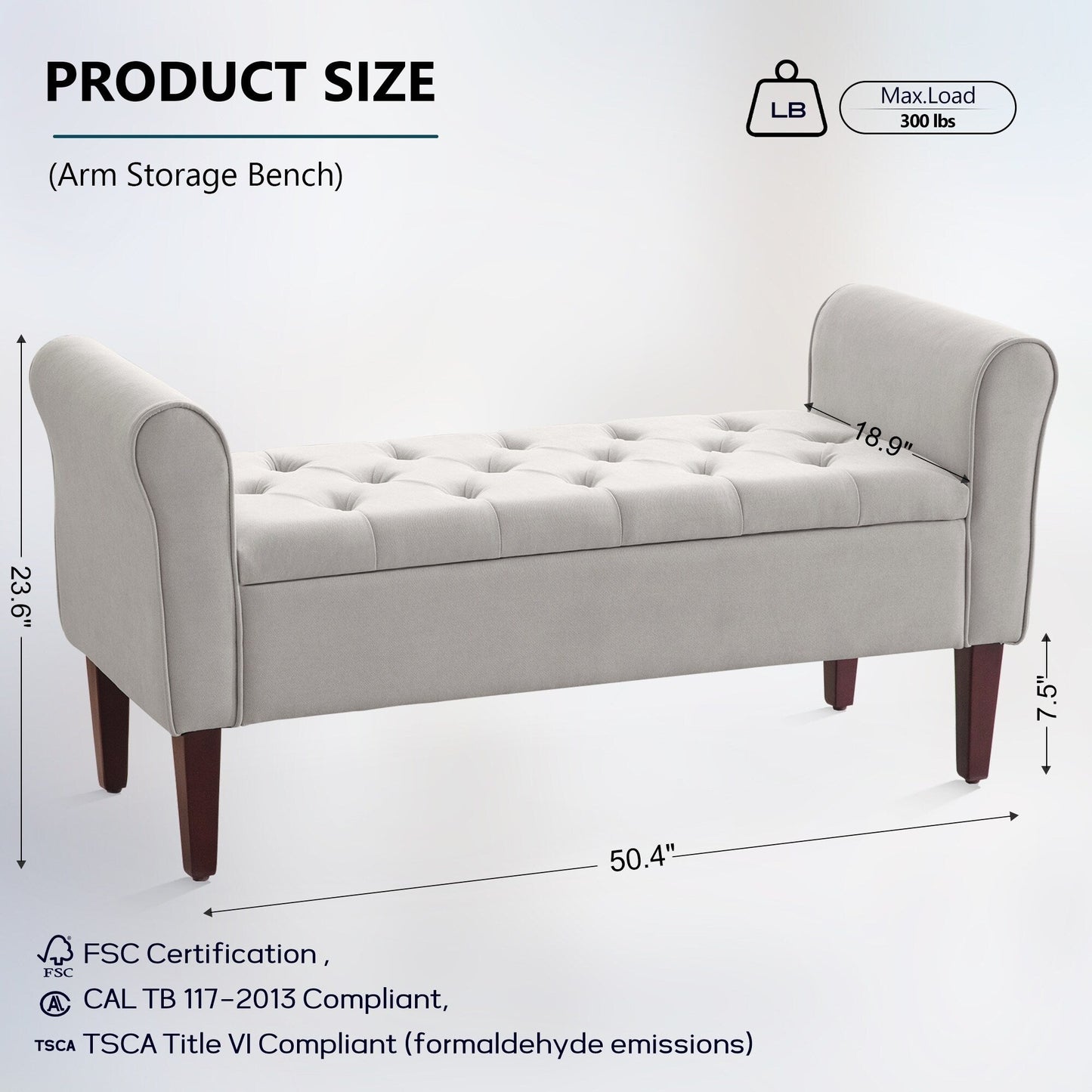 Banc de rangement capitonné, banc avec accoudoirs, banc d'entrée avec couvercle à rabat, 50,4 pouces.
