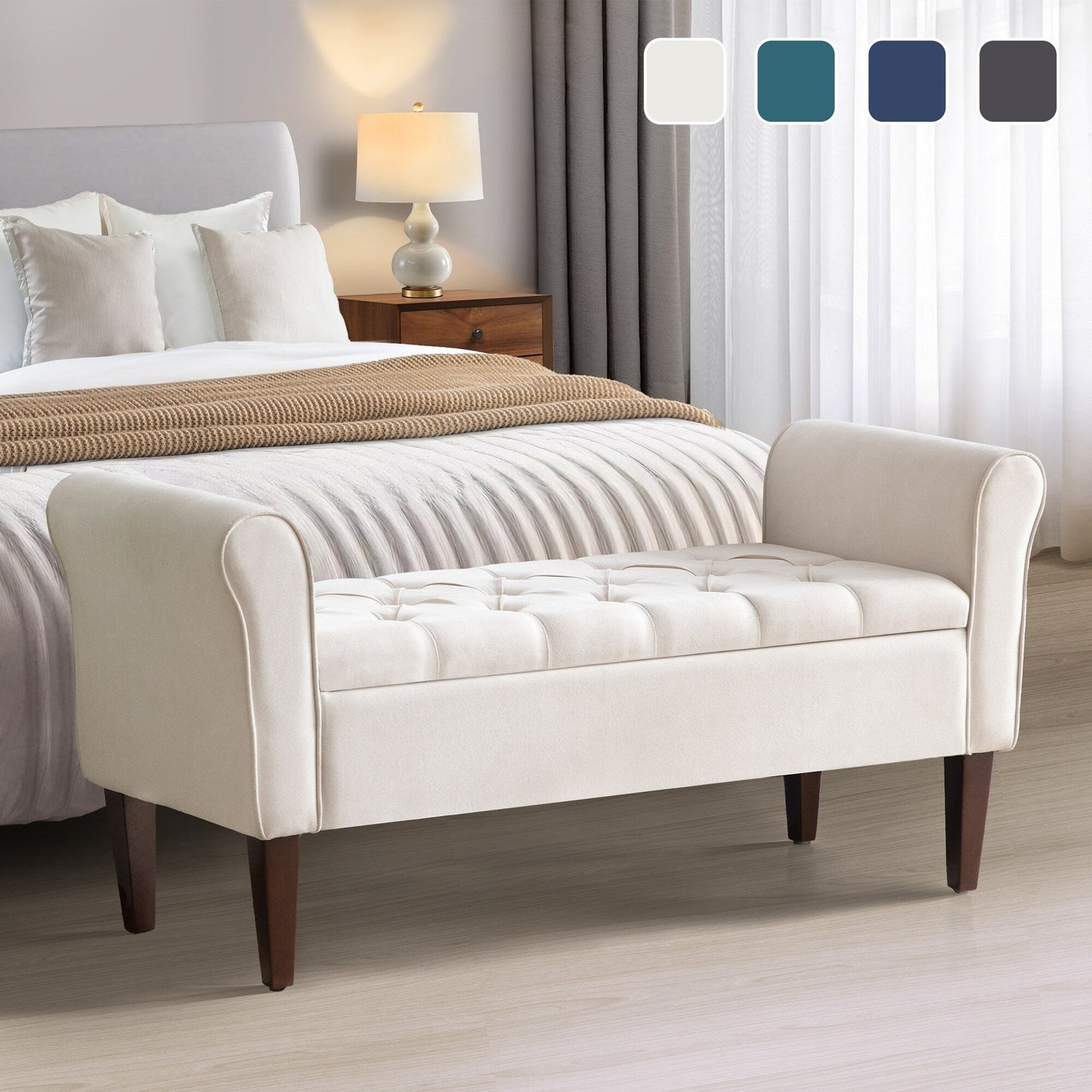 Banc de rangement capitonné, banc avec accoudoirs, banc d'entrée avec couvercle à rabat, 50,4 pouces.