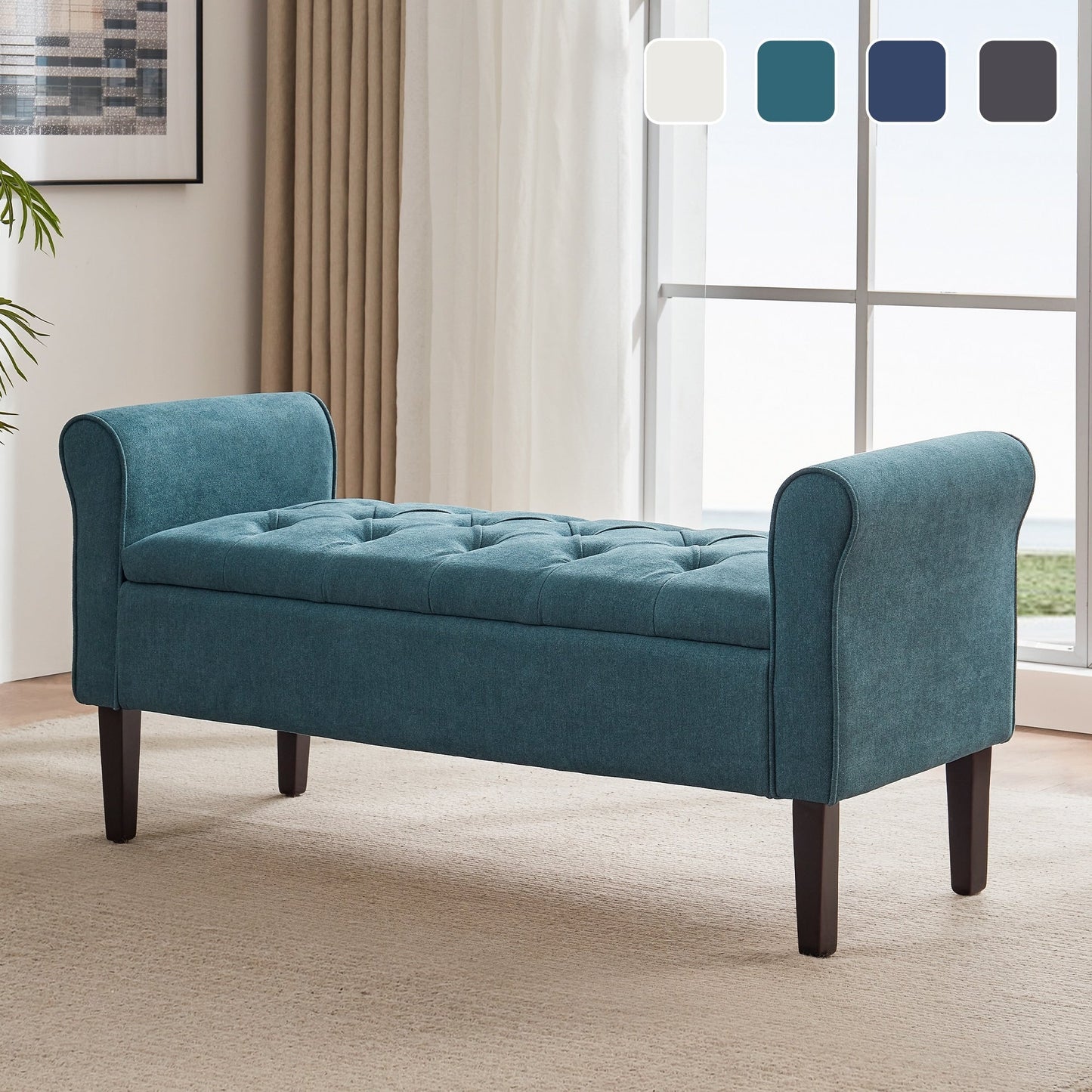 Banc de rangement capitonné, banc avec accoudoirs, banc d'entrée avec couvercle à rabat, 50,4 pouces.