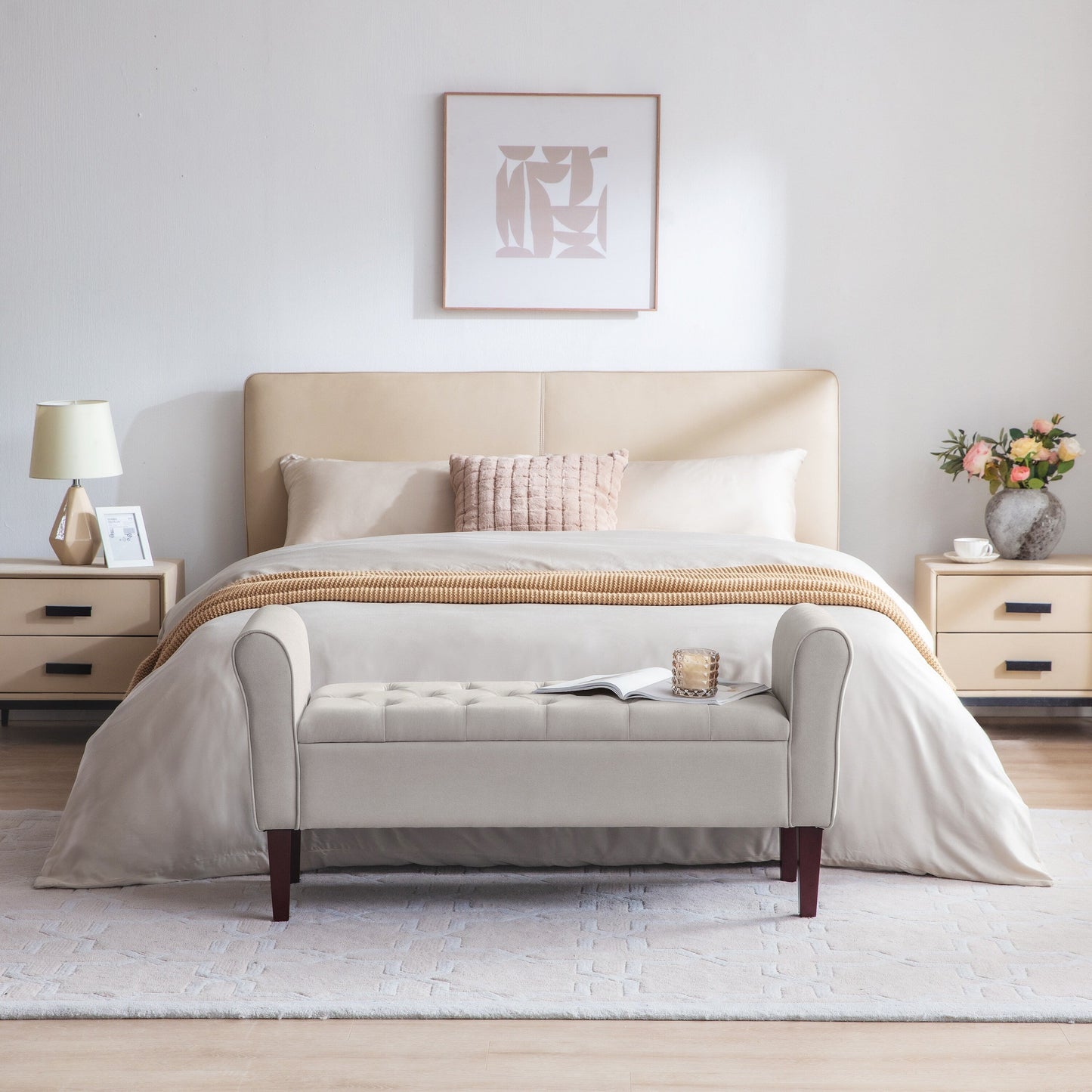 Banc de rangement capitonné, banc avec accoudoirs, banc d'entrée avec couvercle à rabat, 50,4 pouces.