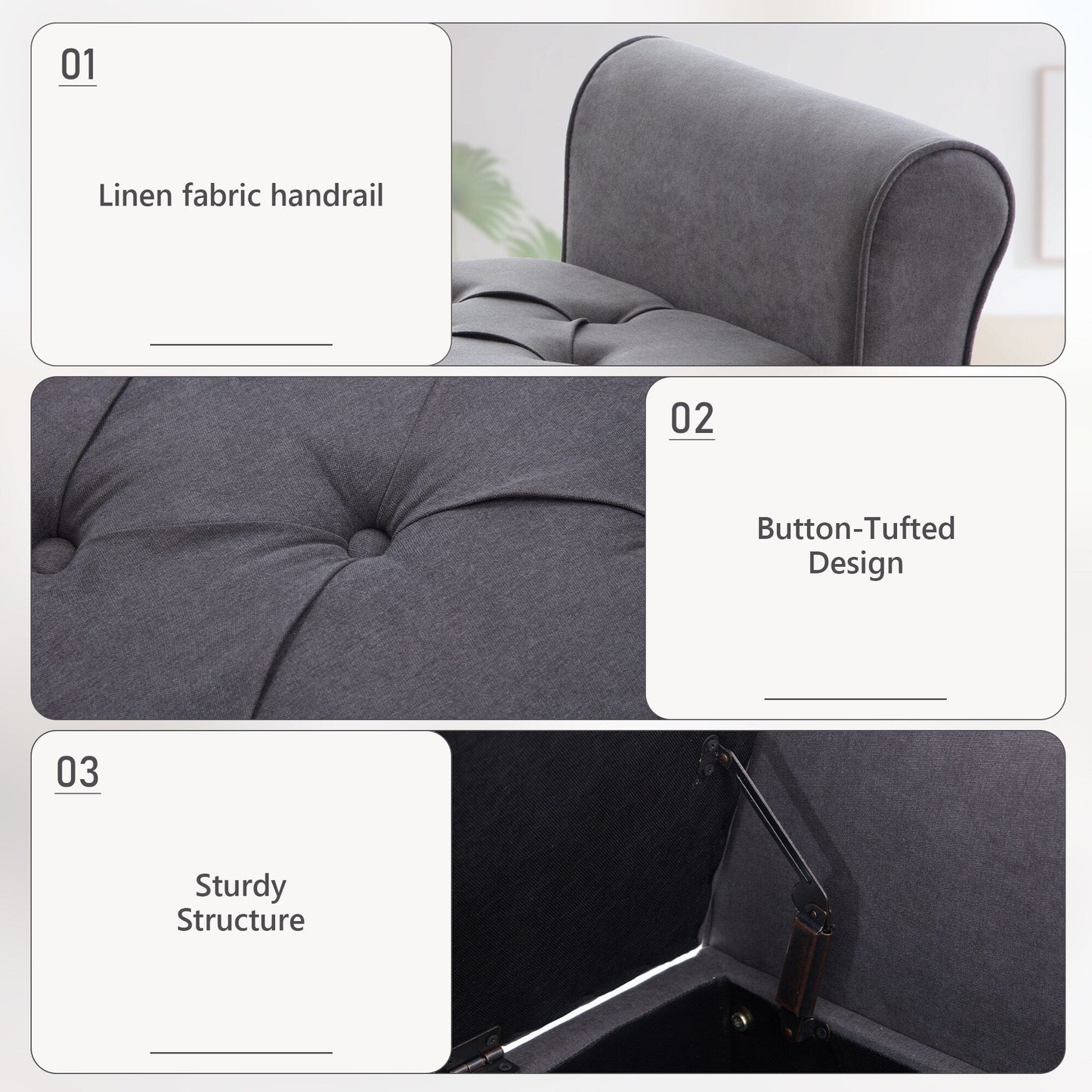 Banc de rangement capitonné, banc avec accoudoirs, banc d'entrée avec couvercle à rabat, 50,4 pouces.