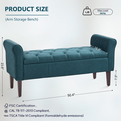 Banc de rangement capitonné, banc avec accoudoirs, banc d'entrée avec couvercle à rabat, 50,4 pouces.