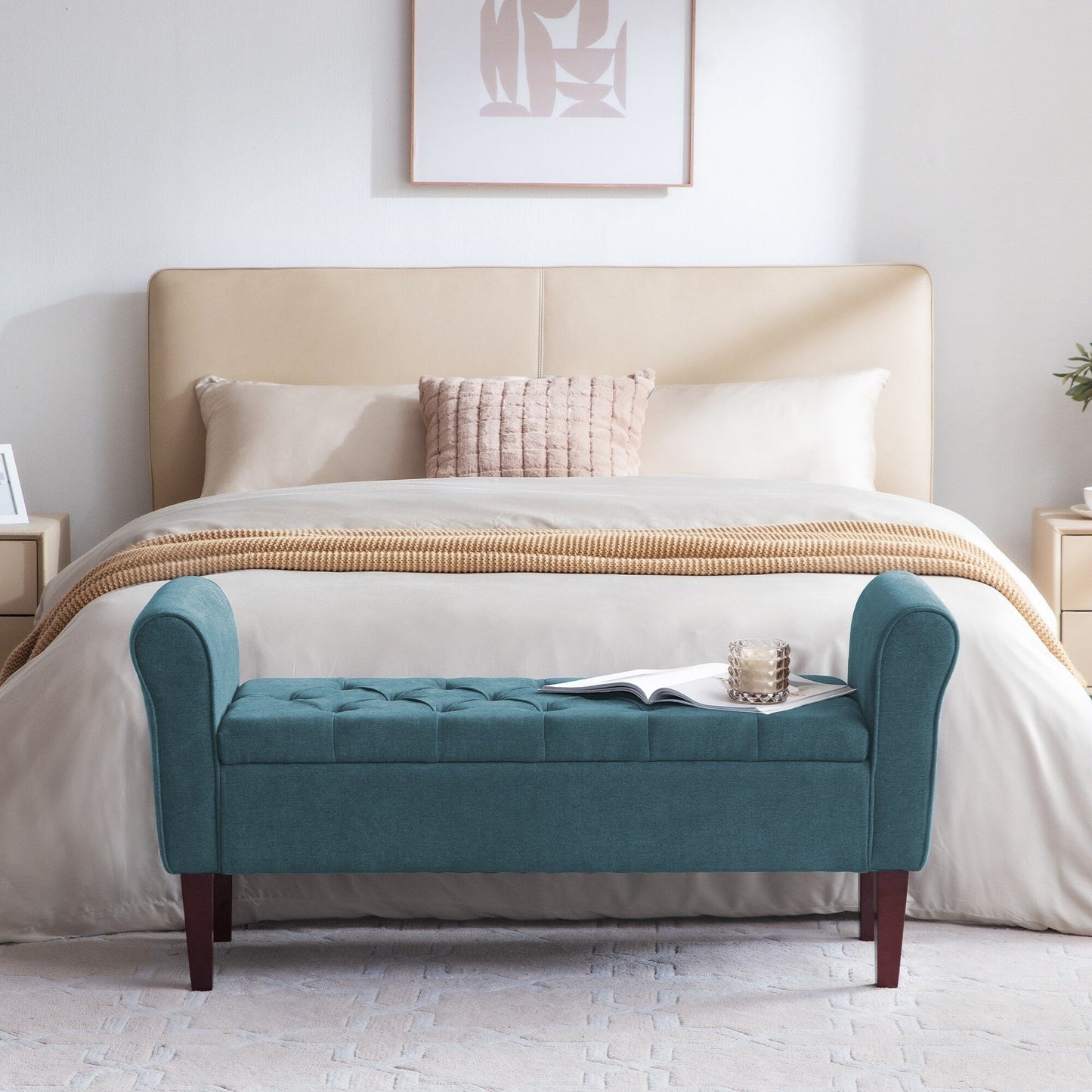 Banc de rangement capitonné, banc avec accoudoirs, banc d'entrée avec couvercle à rabat, 50,4 pouces.