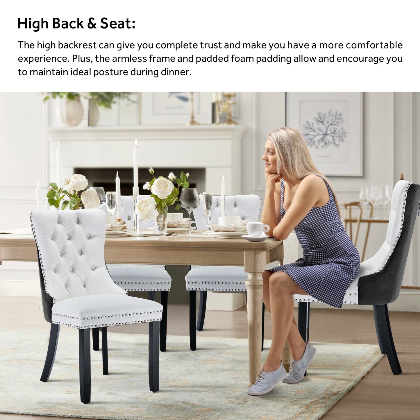 Lot de 6 chaises de salle à manger en velours capitonné avec pieds en bois massif.