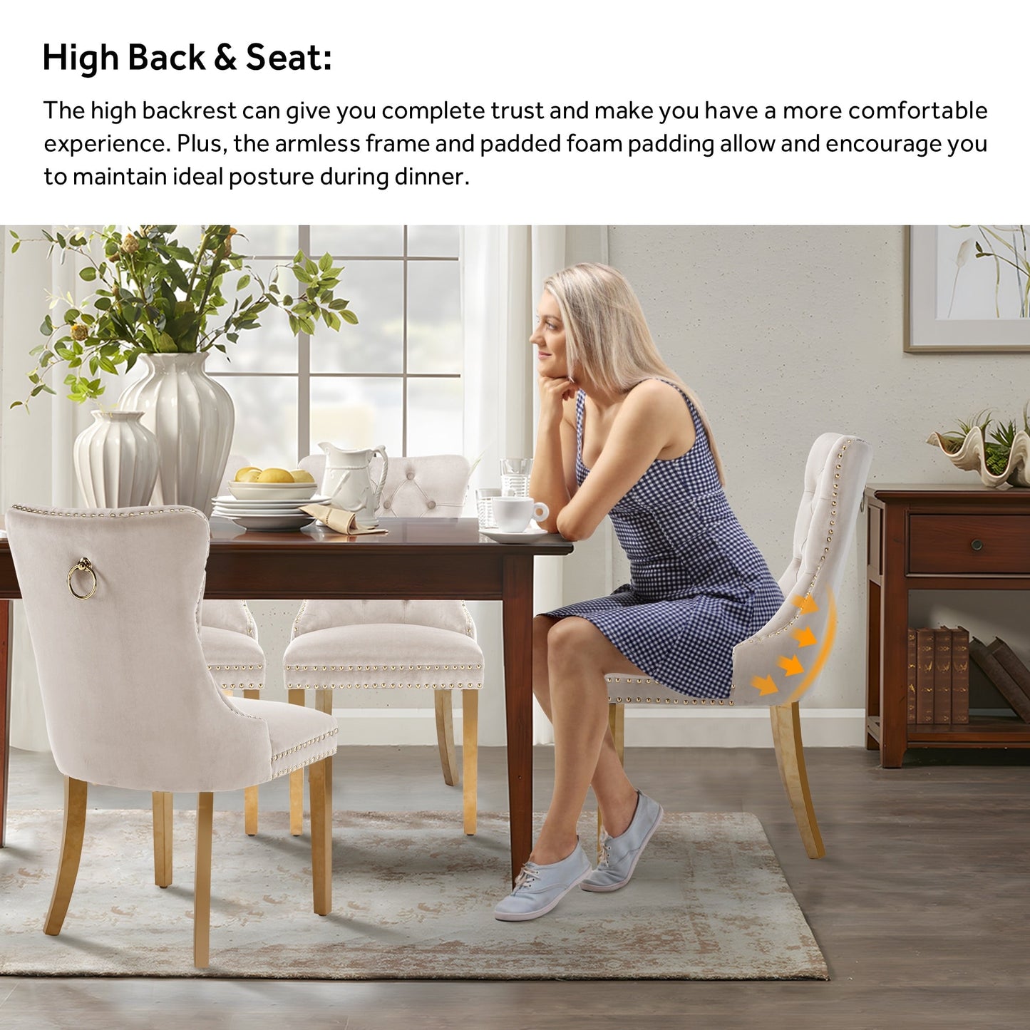 Lot de 6 chaises de salle à manger en velours capitonné avec pieds en bois massif.