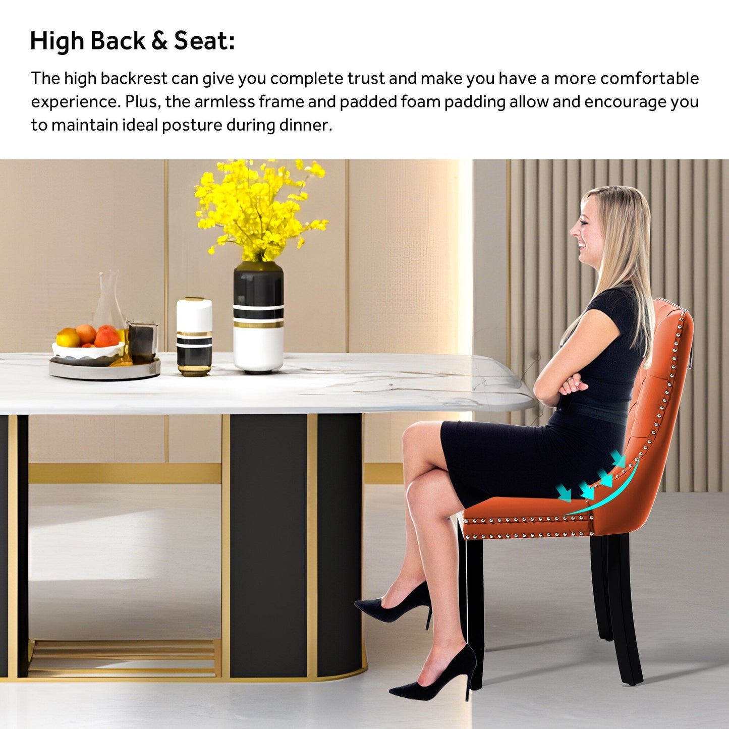 Lot de 6 chaises de salle à manger en velours capitonné avec pieds en bois massif.