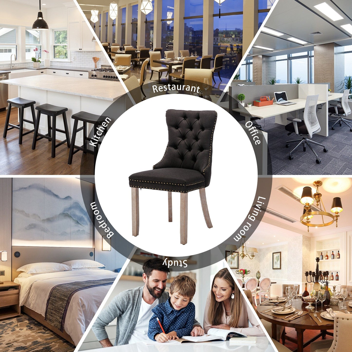 Lot de 6 chaises de salle à manger en velours capitonné avec pieds en bois massif.