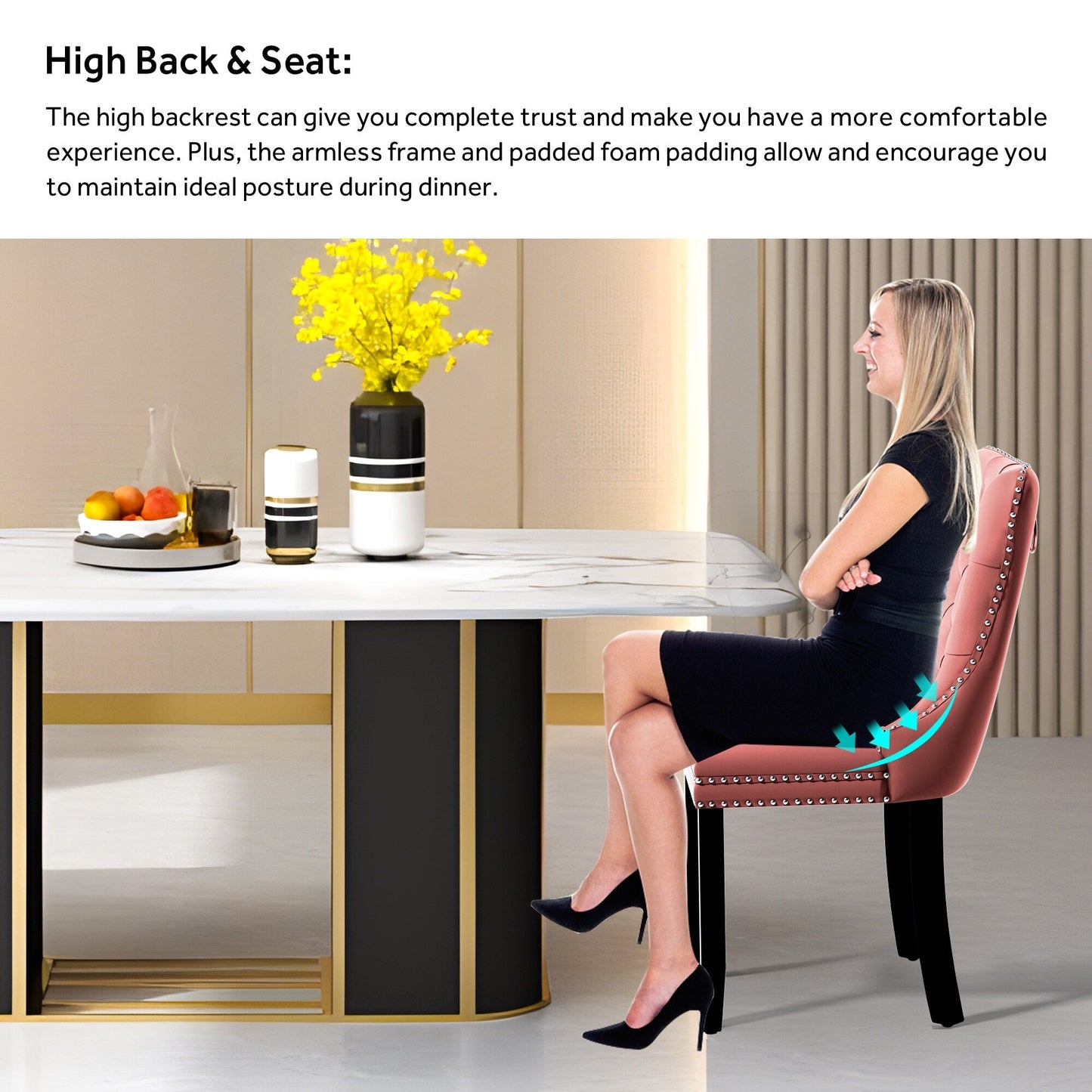 Lot de 6 chaises de salle à manger en velours capitonné avec pieds en bois massif.