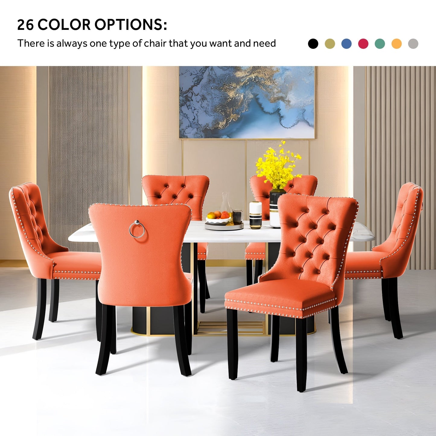 Lot de 6 chaises de salle à manger en velours capitonné avec pieds en bois massif.