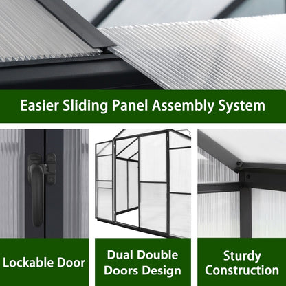 VEIKOUS Kit de serre de jardin à entrée latérale en aluminium avec fenêtre de toit réglable et porte verrouillable, gris.