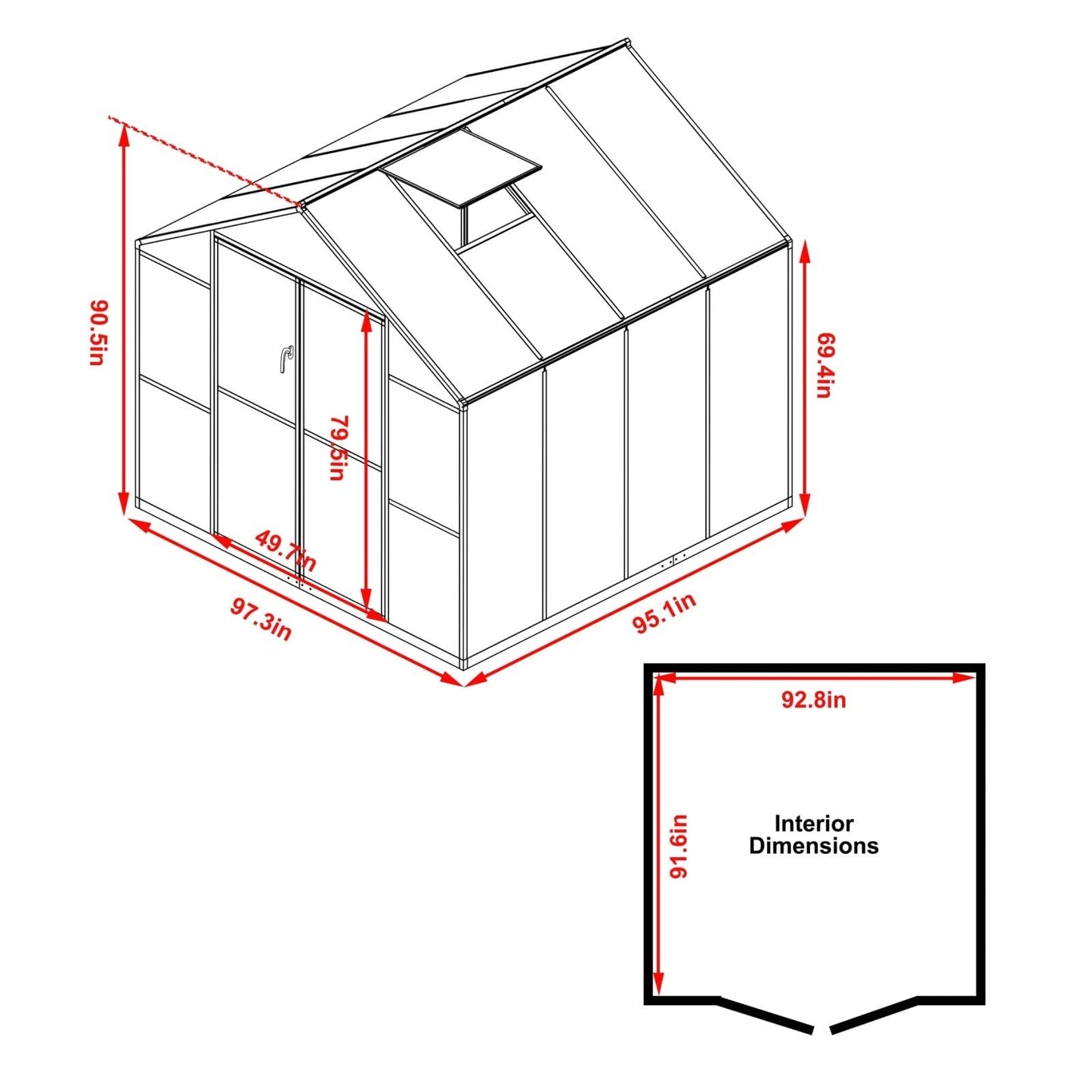 VEIKOUS Kit de serre de jardin à entrée latérale en aluminium avec fenêtre de toit réglable et porte verrouillable, gris.