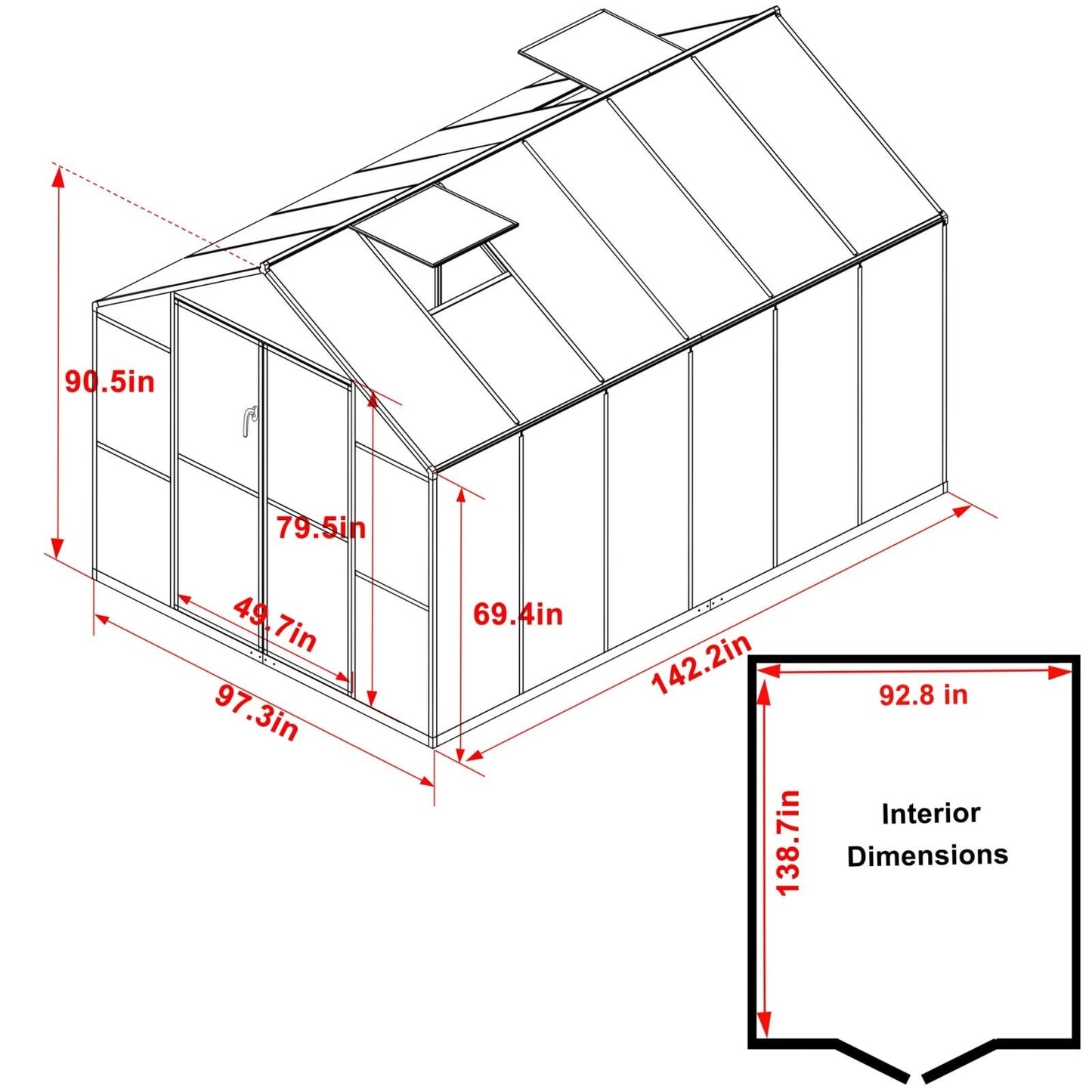 VEIKOUS Kit de serre de jardin à entrée latérale en aluminium avec fenêtre de toit réglable et porte verrouillable, gris.