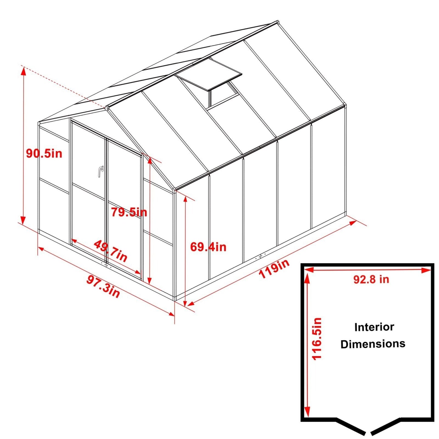 VEIKOUS Kit de serre de jardin à entrée latérale en aluminium avec fenêtre de toit réglable et porte verrouillable, gris.