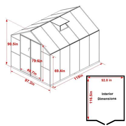VEIKOUS Kit de serre de jardin à entrée latérale en aluminium avec fenêtre de toit réglable et porte verrouillable, gris.