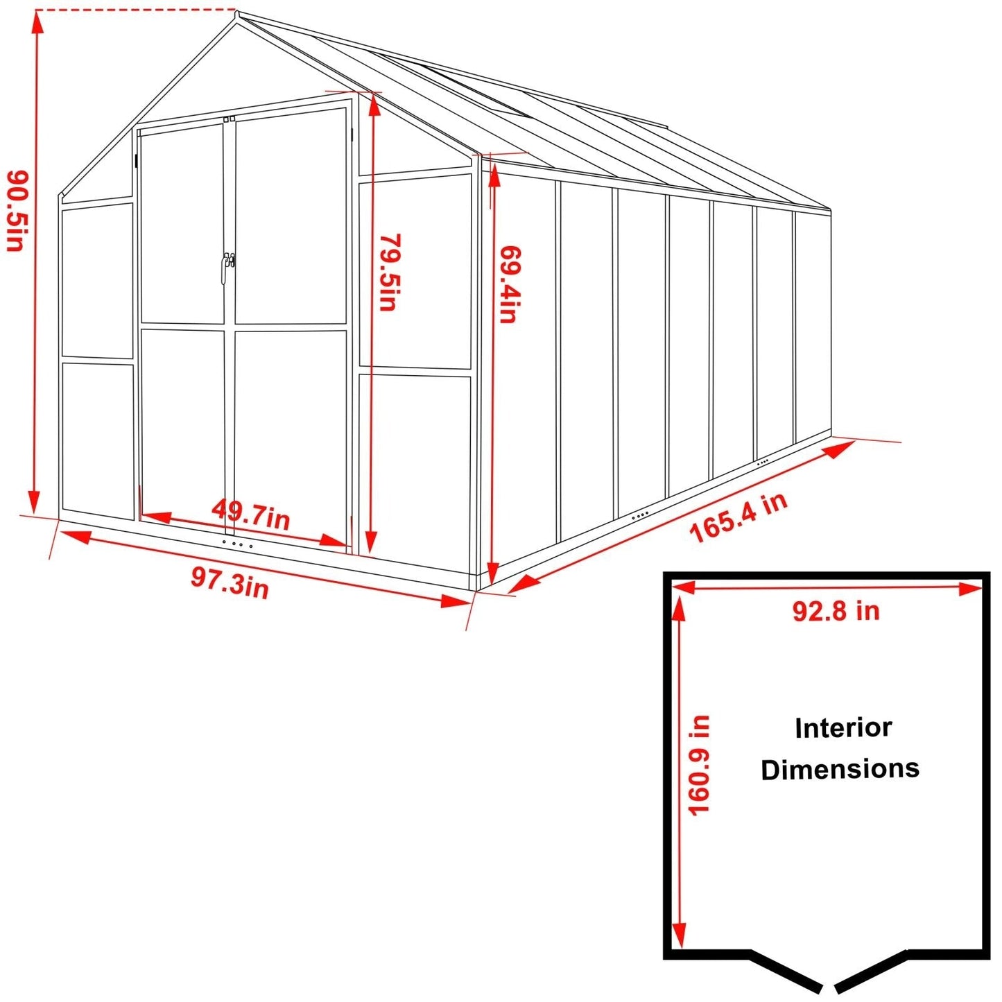 VEIKOUS Kit de serre de jardin à entrée latérale en aluminium avec fenêtre de toit réglable et porte verrouillable, gris.