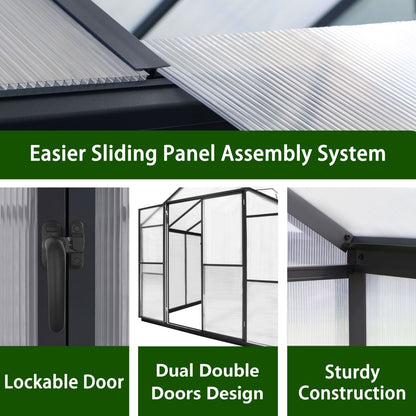 VEIKOUS Kit de serre de jardin à entrée latérale en aluminium avec fenêtre de toit réglable et porte verrouillable, gris.