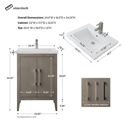 Meuble-lavabo de salle de bain Vanity Art à lavabo simple, 20, 24 ou 30 pouces, avec dessus en céramique.