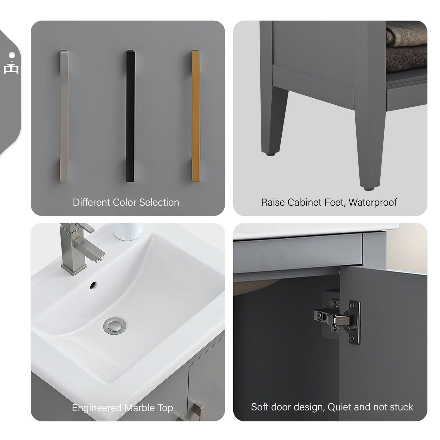 Meuble-lavabo de salle de bain Vanity Art à lavabo simple, 20, 24 ou 30 pouces, avec dessus en céramique.