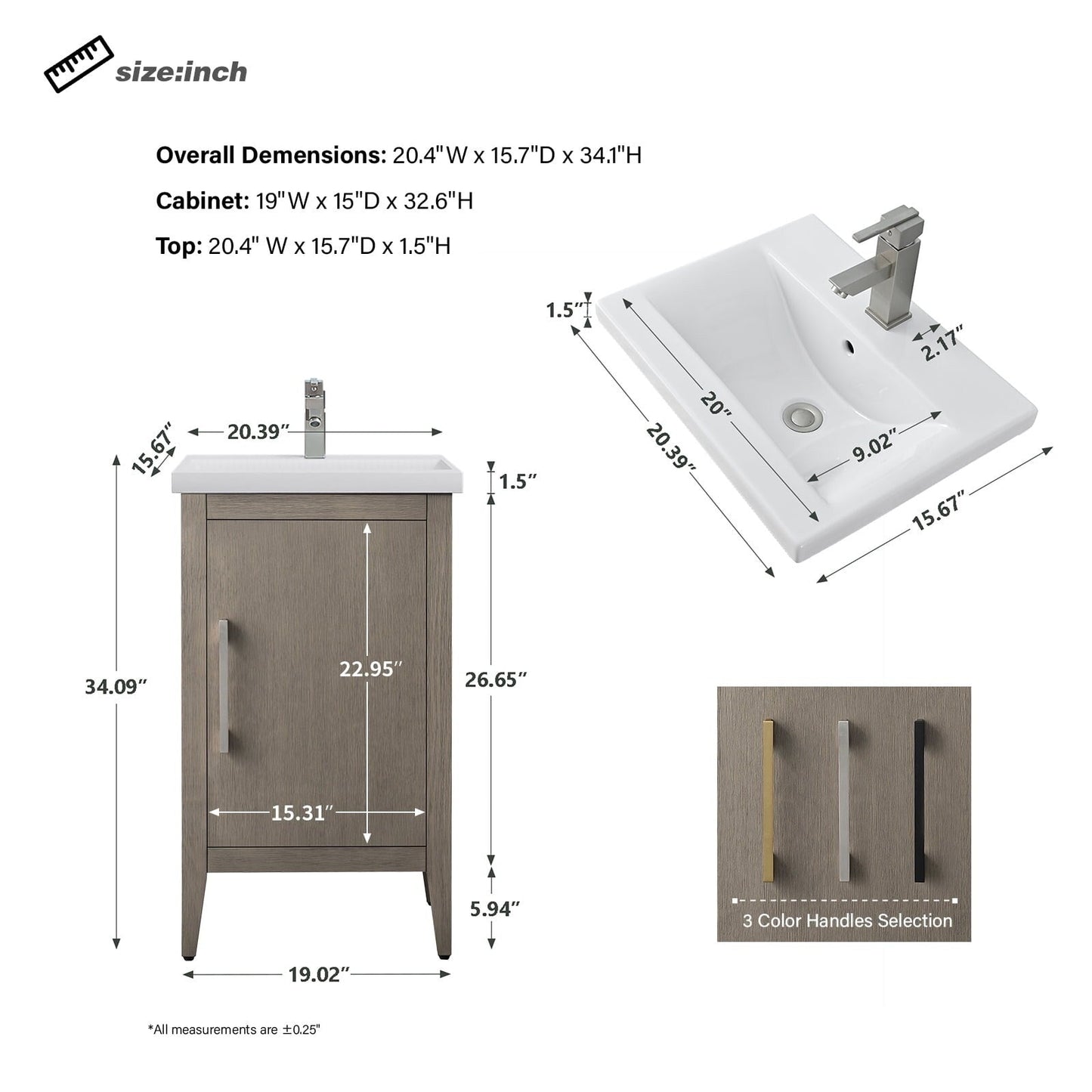 Meuble-lavabo de salle de bain Vanity Art à lavabo simple, 20, 24 ou 30 pouces, avec dessus en céramique.