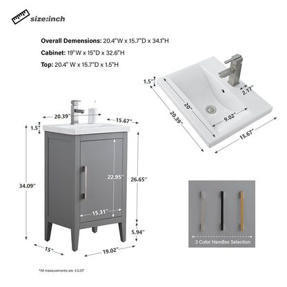 Meuble-lavabo de salle de bain Vanity Art à lavabo simple, 20, 24 ou 30 pouces, avec dessus en céramique.