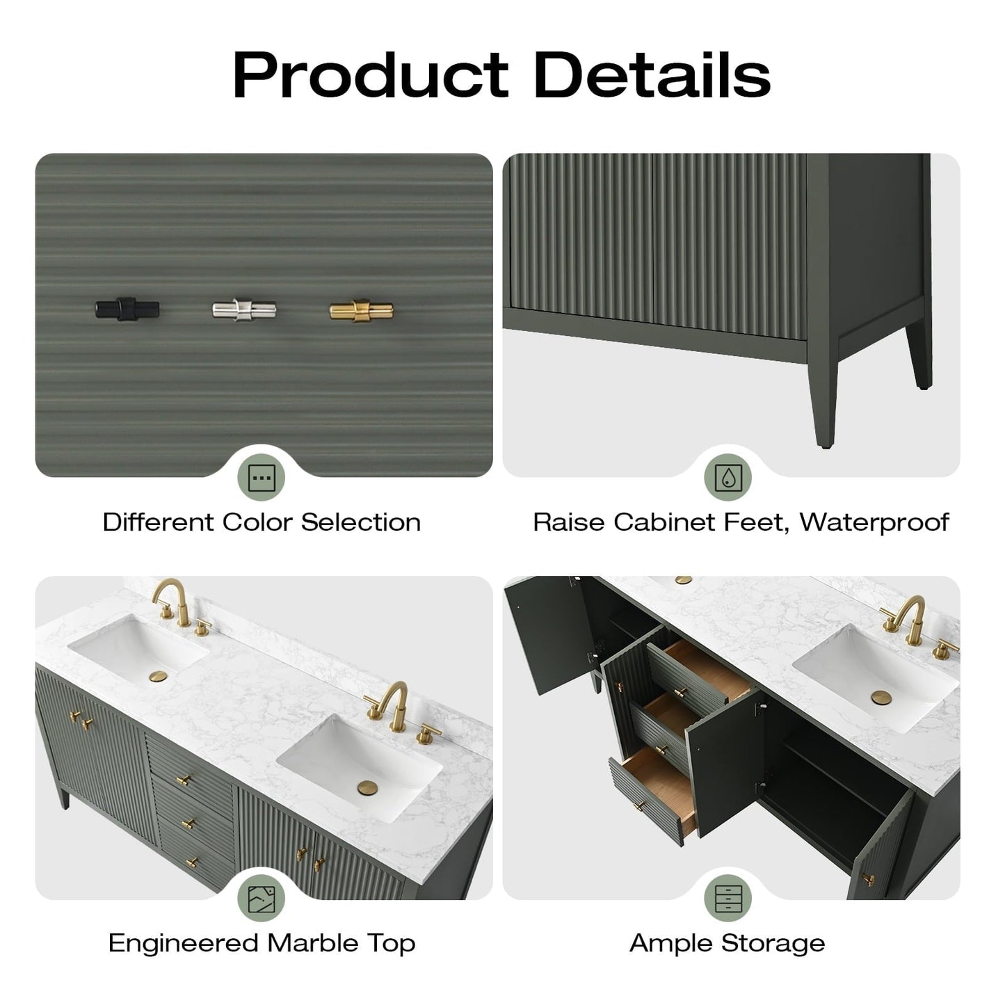 Meuble-lavabo double vasque Vanity Art 72 avec plan de travail en marbre composite.