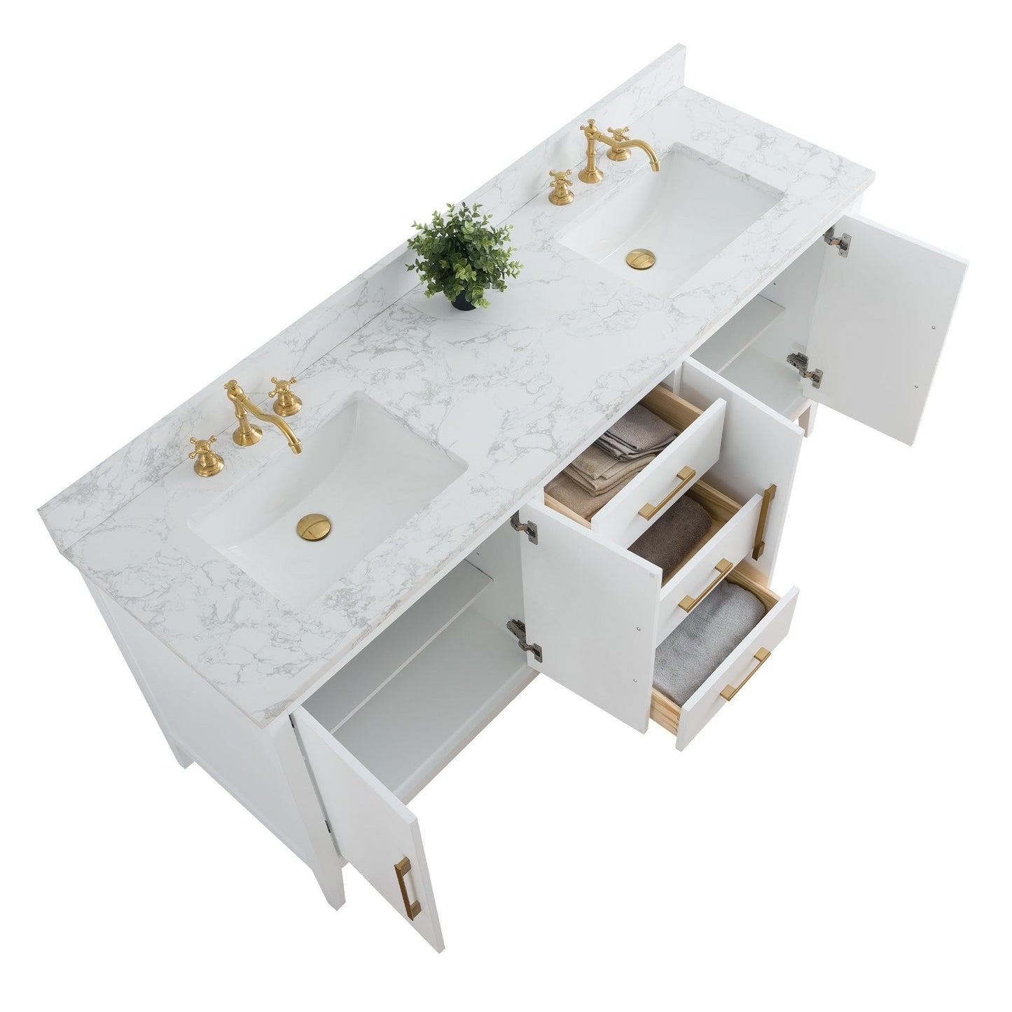 Meuble-lavabo double vasque Vanity Art 72 avec plan de travail en marbre composite.