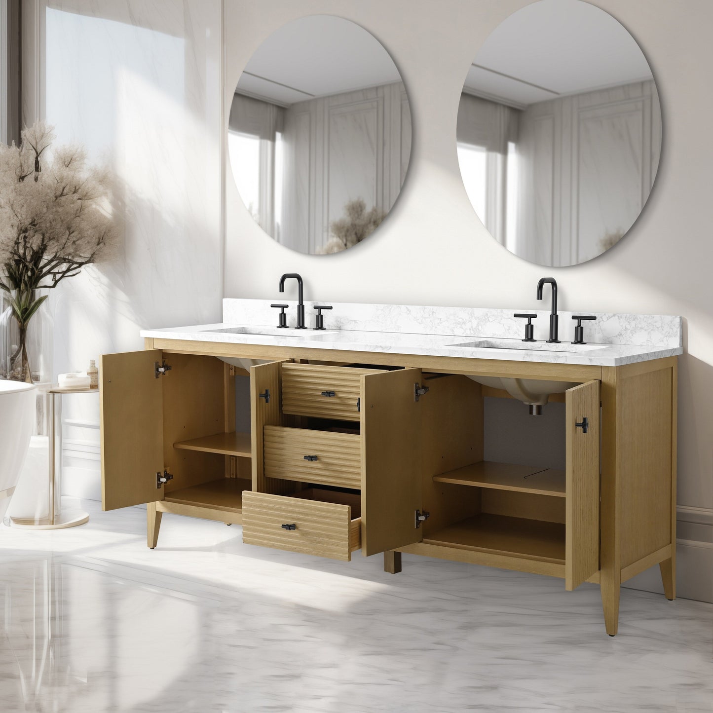 Meuble-lavabo double vasque Vanity Art 72 avec plan de travail en marbre composite.