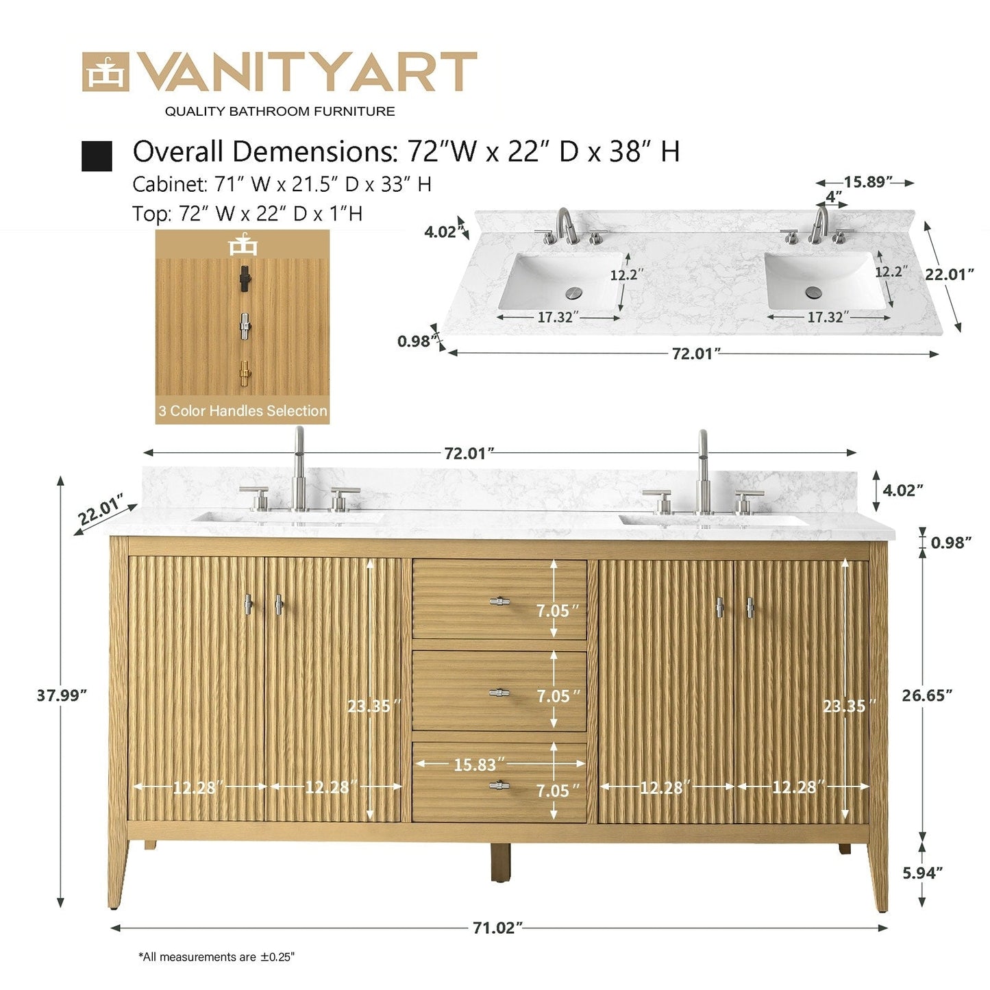 Meuble-lavabo double vasque Vanity Art 72 avec plan de travail en marbre composite.