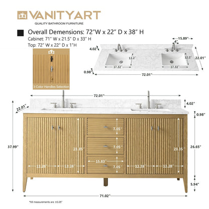 Meuble-lavabo double vasque Vanity Art 72 avec plan de travail en marbre composite.