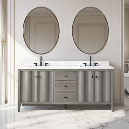 Meuble-lavabo double vasque Vanity Art 72 avec plan de travail en marbre composite.