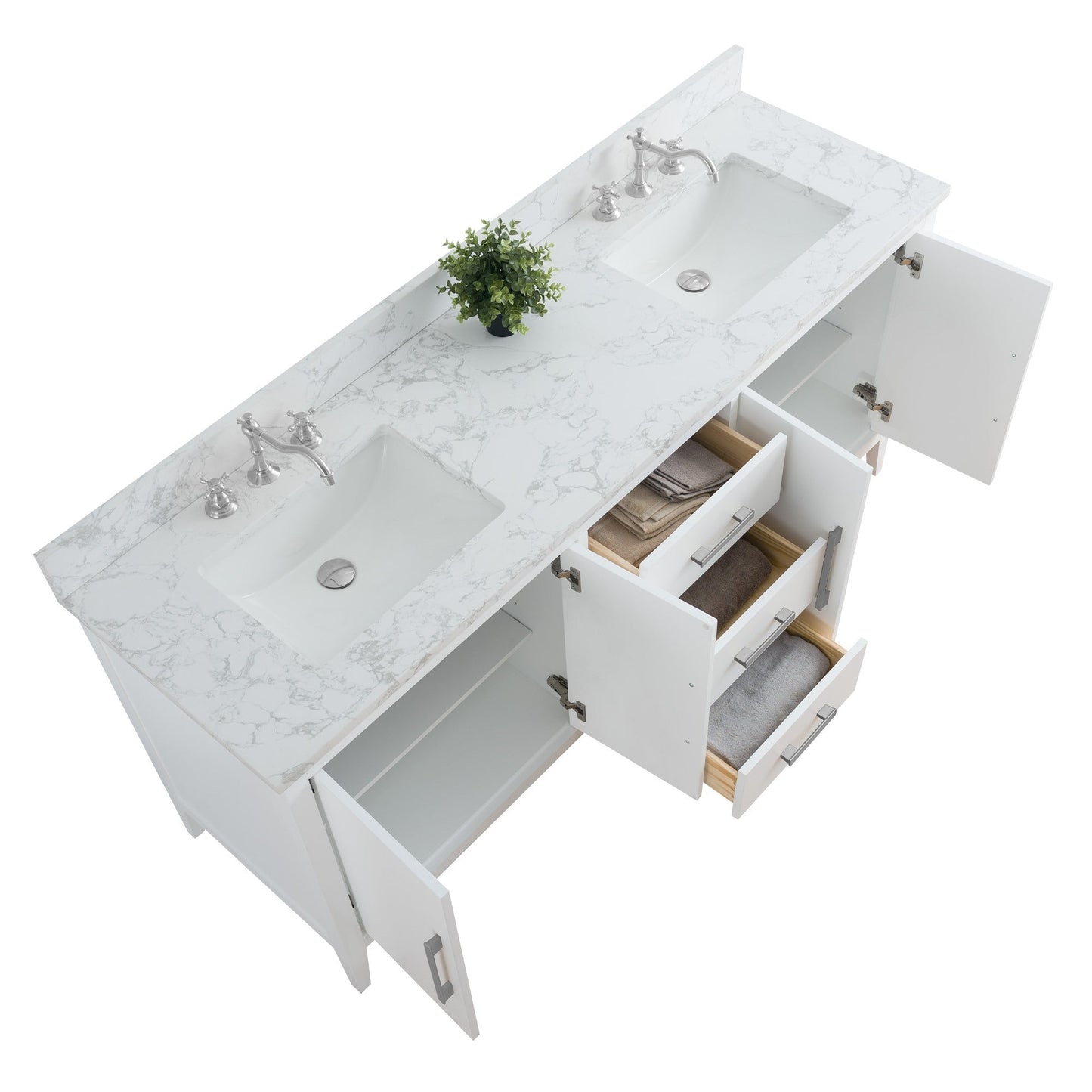 Meuble-lavabo double vasque Vanity Art 72 avec plan de travail en marbre composite.